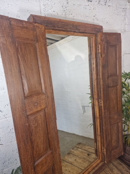 Large Antique Indian Colonial Solid Wooden Window Shutters Wall Garden Mirror