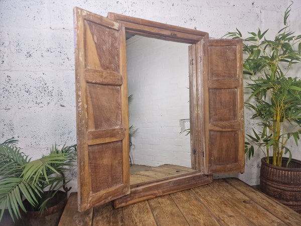 Large Antique Indian Colonial Solid Wooden Window Shutters Wall Garden Mirror