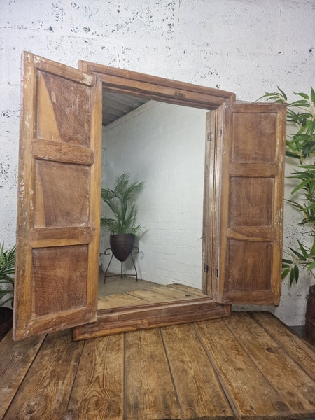 Large Antique Indian Colonial Solid Wooden Window Shutters Wall Garden Mirror