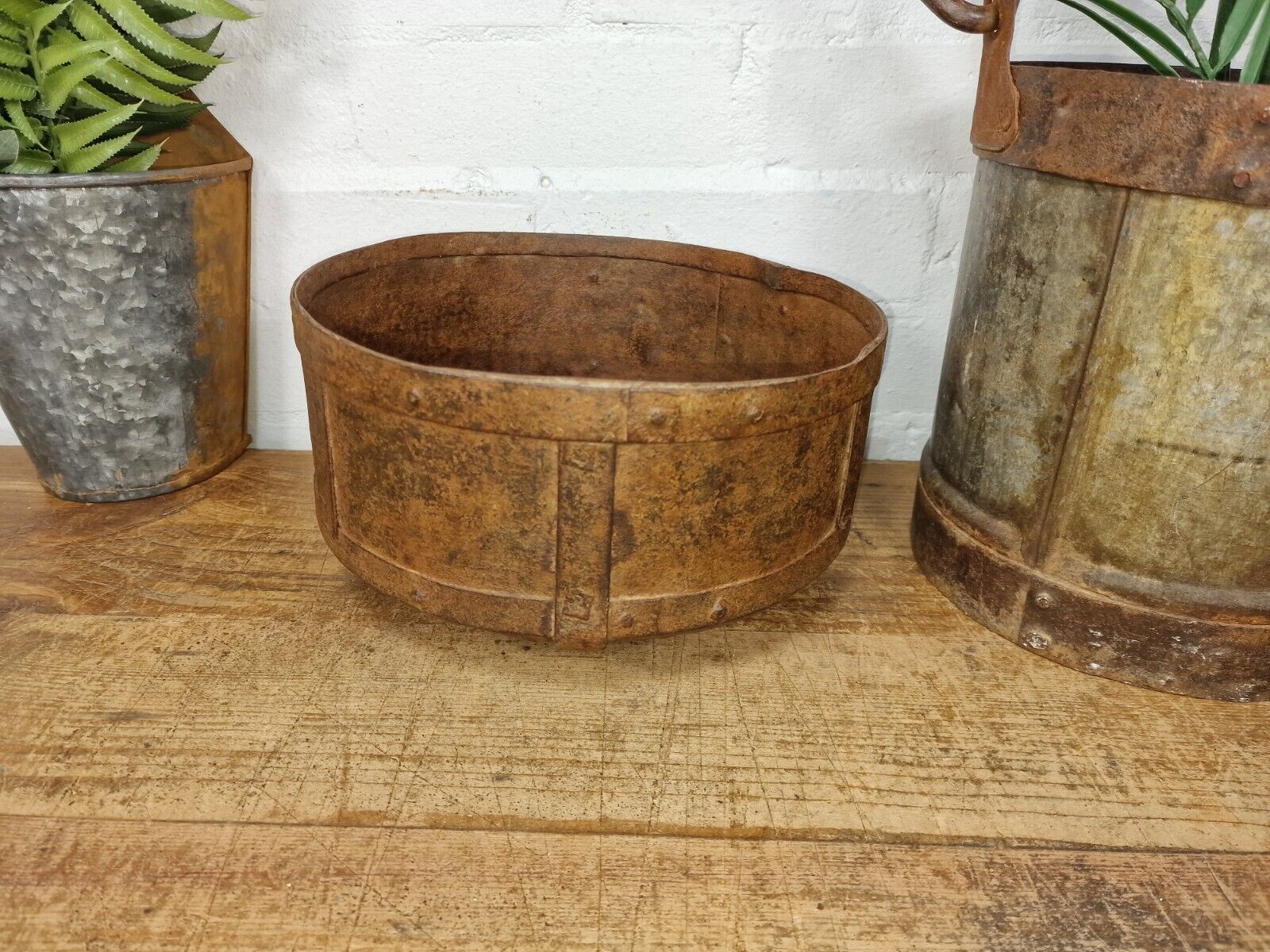 Antique Rustic Hand Forged Riveted Iron Metal Bowl Dish Herb Garden Planter
