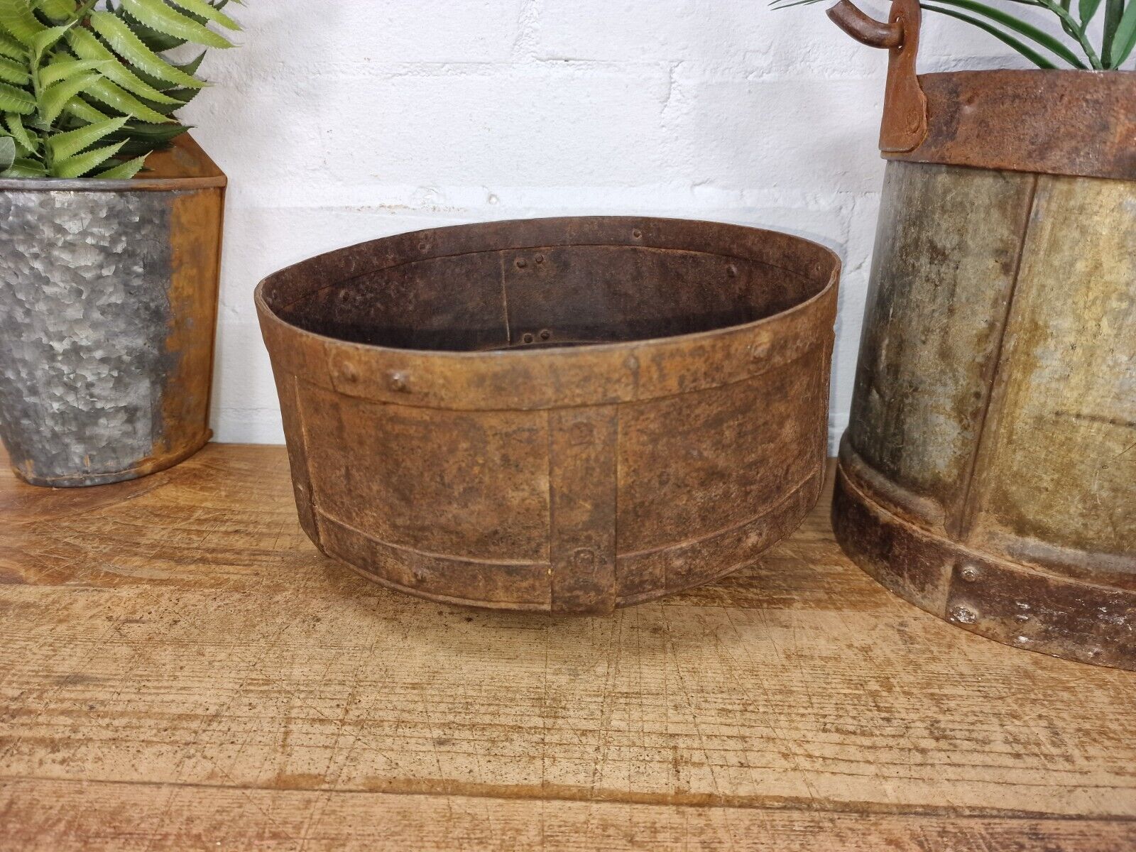 Antique Rustic Hand Forged Riveted Iron Metal Bowl Dish Herb Garden Planter