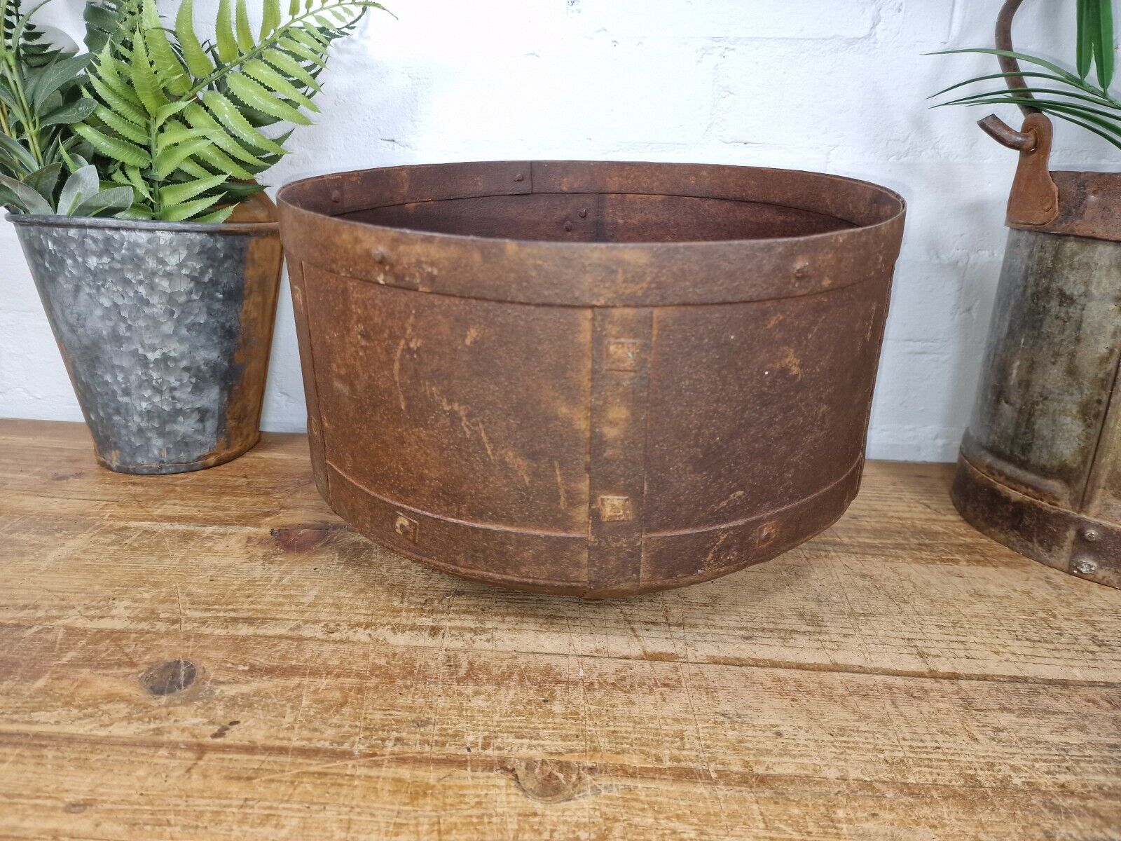 Antique Rustic Hand Forged Riveted Iron Metal Bowl Dish Herb Garden Planter