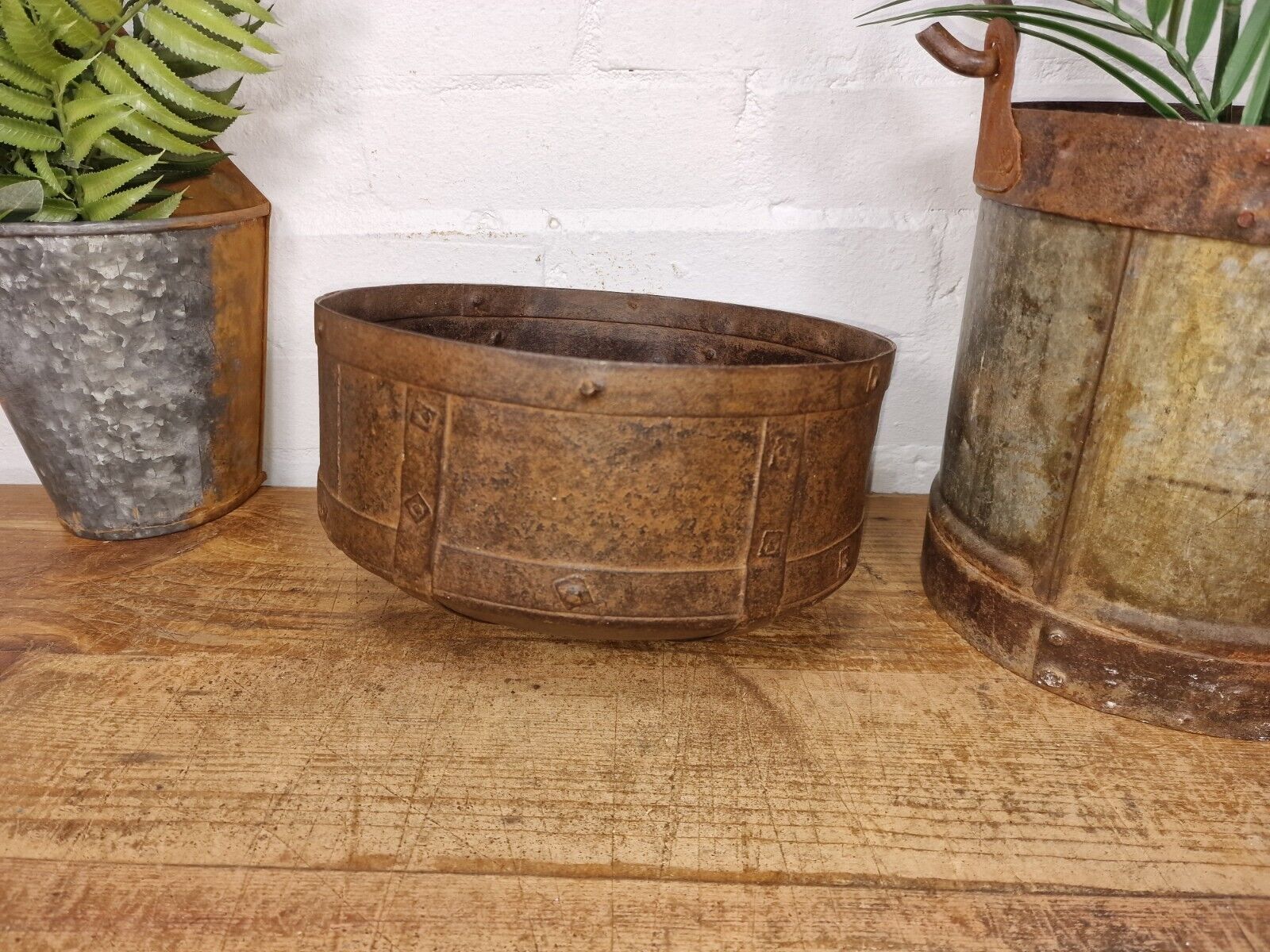 Antique Rustic Hand Forged Riveted Iron Metal Bowl Dish Herb Garden Planter