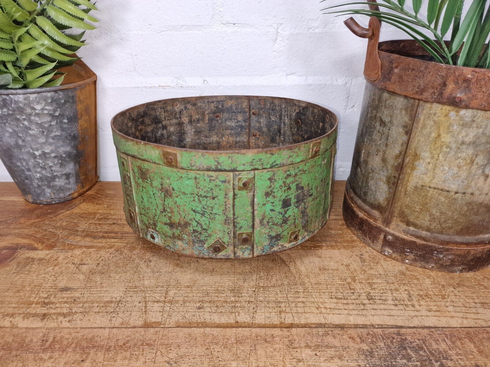 Antique Rustic Hand Forged Riveted Iron Metal Bowl Dish Herb Garden Planter
