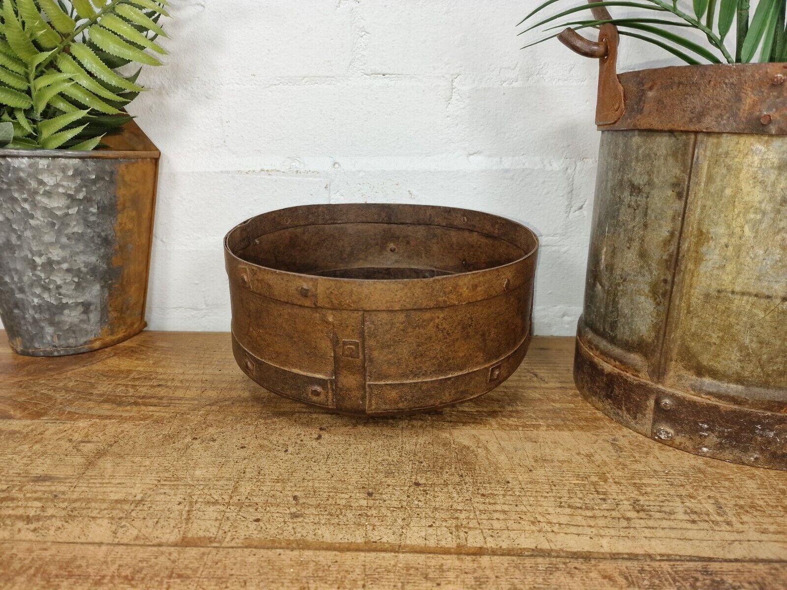 Antique Rustic Hand Forged Riveted Iron Metal Bowl Dish Herb Garden Planter
