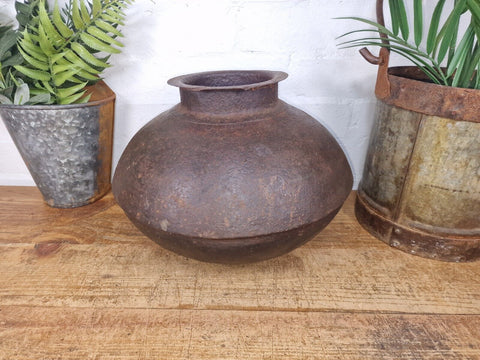 Old Vintage Rustic Original Indian Heavy Iron Metal Matka Water Vessel Pot Vase