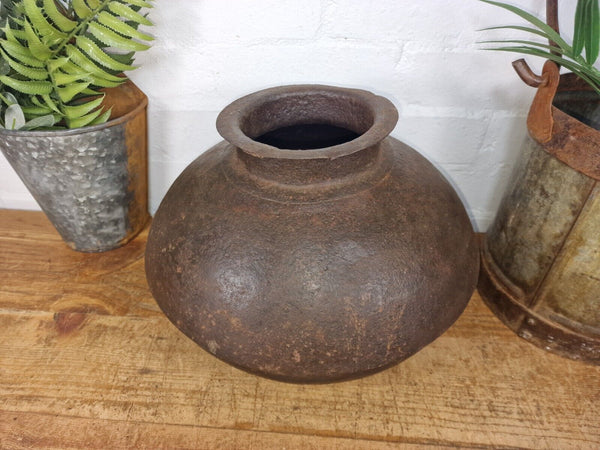 Old Vintage Rustic Original Indian Heavy Iron Metal Matka Water Vessel Pot Vase