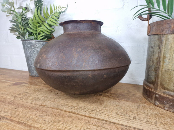 Old Vintage Rustic Original Indian Heavy Iron Metal Matka Water Vessel Pot Vase