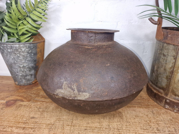 Old Vintage Rustic Original Indian Heavy Iron Metal Matka Water Vessel Pot Vase