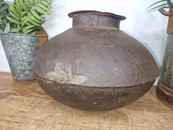 Old Vintage Rustic Original Indian Heavy Iron Metal Matka Water Vessel Pot Vase