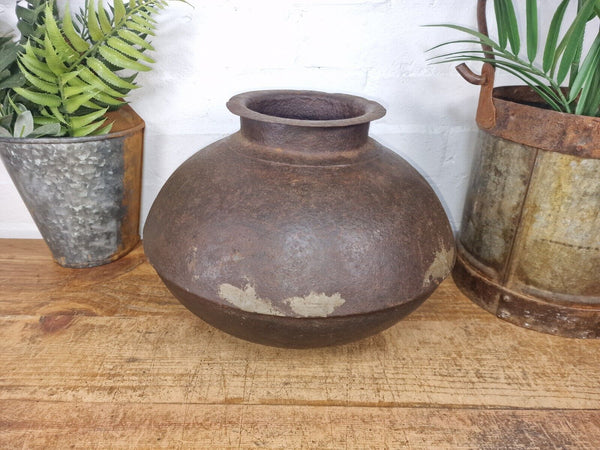 Old Vintage Rustic Original Indian Heavy Iron Metal Matka Water Vessel Pot Vase