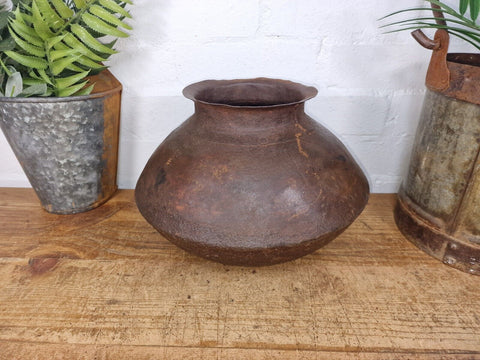 Old Vintage Rustic Original Indian Heavy Iron Metal Matka Water Vessel Pot Vase