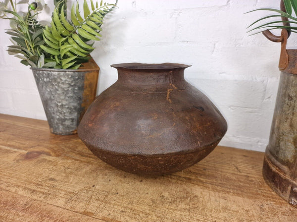 Old Vintage Rustic Original Indian Heavy Iron Metal Matka Water Vessel Pot Vase