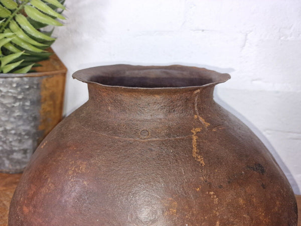 Old Vintage Rustic Original Indian Heavy Iron Metal Matka Water Vessel Pot Vase