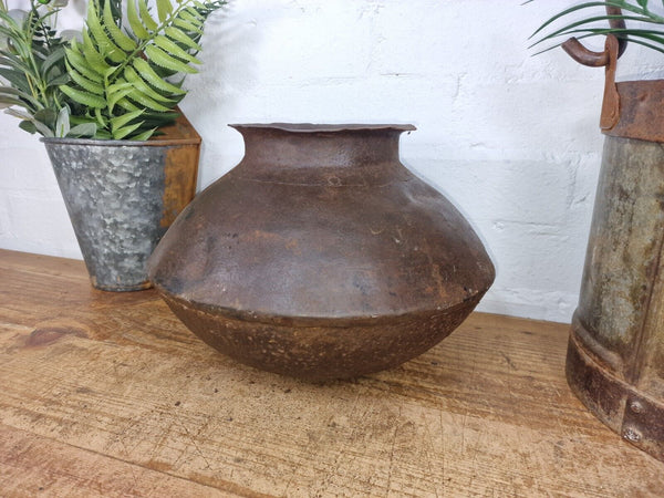 Old Vintage Rustic Original Indian Heavy Iron Metal Matka Water Vessel Pot Vase