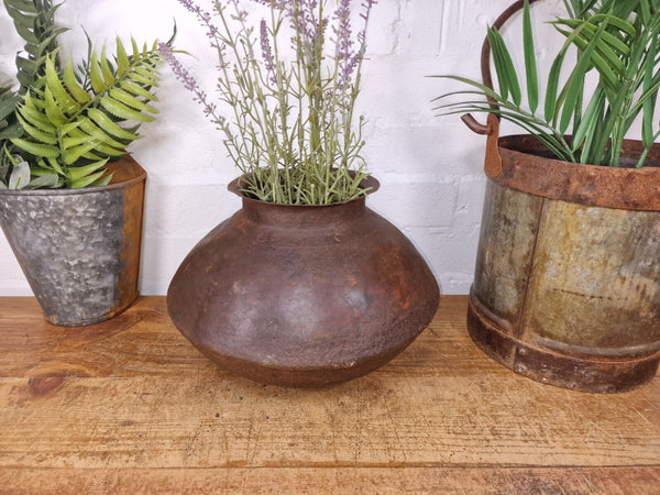 Old Vintage Rustic Original Indian Heavy Iron Metal Matka Water Vessel Pot Vase
