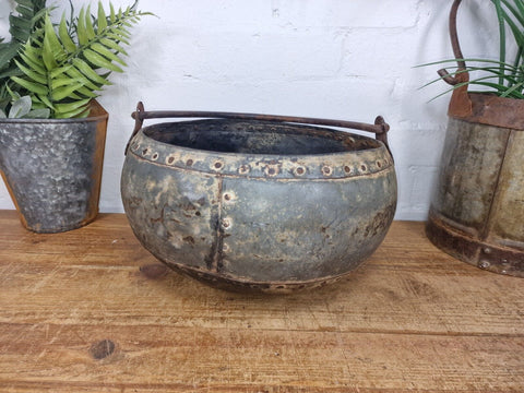 Vintage Hand Beaten Riveted Indian Water Pot Dish Bowl Hanging Garden Planter