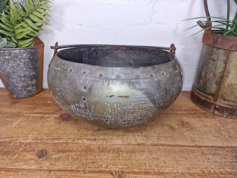 Vintage Hand Beaten Riveted Indian Water Pot Dish Bowl Hanging Garden Planter