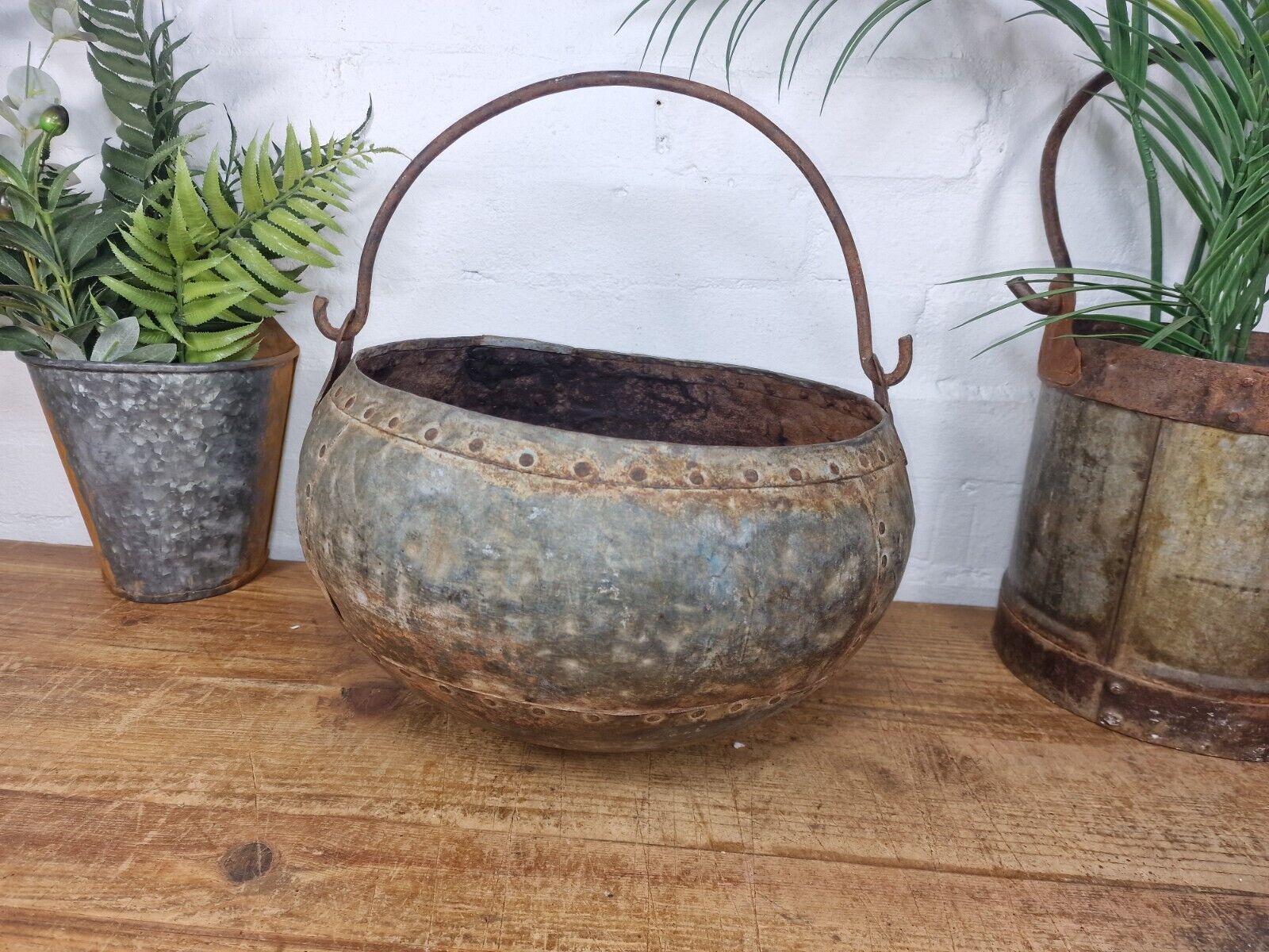 Vintage Hand Beaten Riveted Indian Water Pot Dish Bowl Hanging Garden Planter