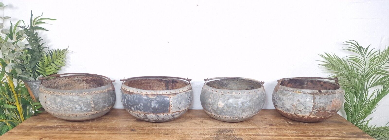 Vintage Hand Beaten Riveted Indian Water Pot Dish Bowl Hanging Garden Planter