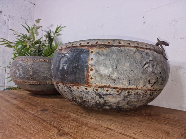 Vintage Hand Beaten Riveted Indian Water Pot Dish Bowl Hanging Garden Planter