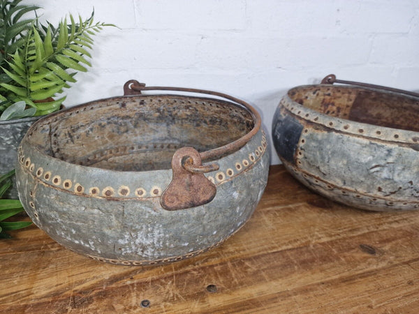 Vintage Hand Beaten Riveted Indian Water Pot Dish Bowl Hanging Garden Planter