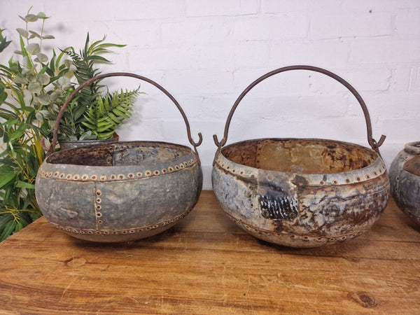 Vintage Hand Beaten Riveted Indian Water Pot Dish Bowl Hanging Garden Planter