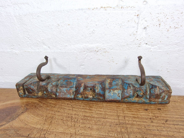 Vintage Reclaimed Indian Hand Carved Architectural Wooden Coat Hat Wall Hooks