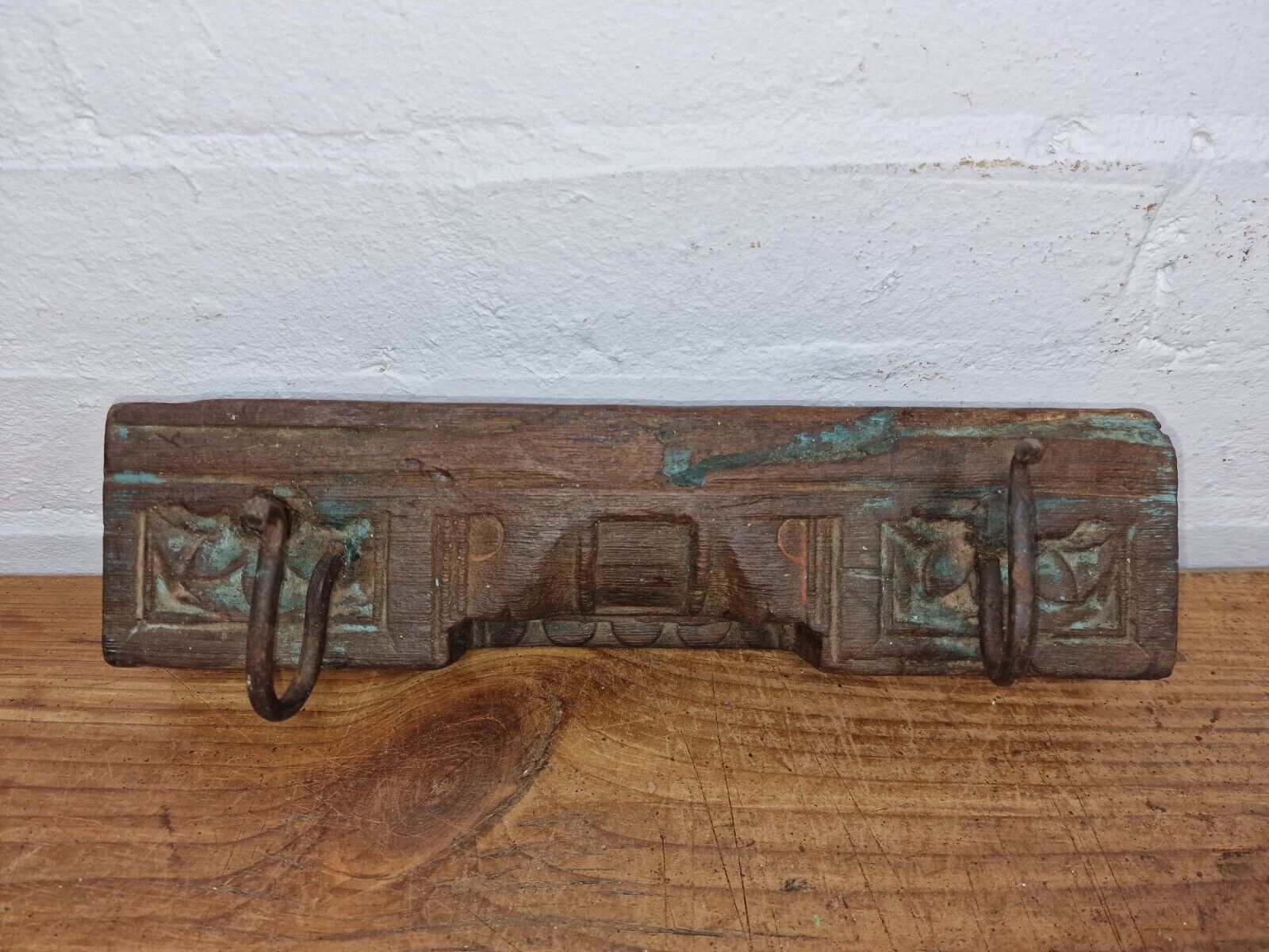 Vintage Reclaimed Indian Hand Carved Architectural Wooden Coat Hat Wall Hooks