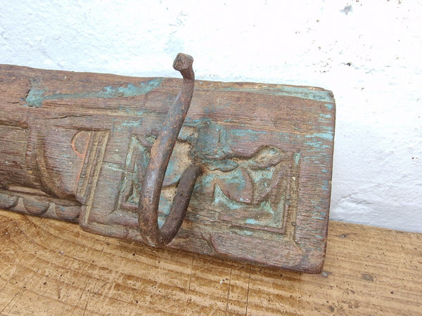 Vintage Reclaimed Indian Hand Carved Architectural Wooden Coat Hat Wall Hooks
