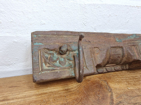 Vintage Reclaimed Indian Hand Carved Architectural Wooden Coat Hat Wall Hooks