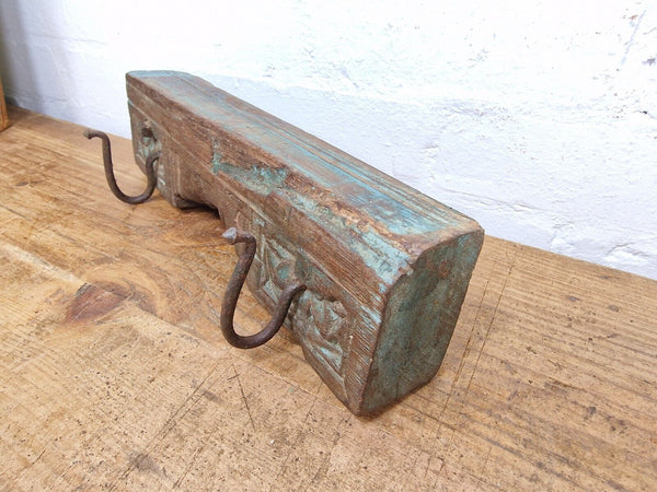 Vintage Reclaimed Indian Hand Carved Architectural Wooden Coat Hat Wall Hooks