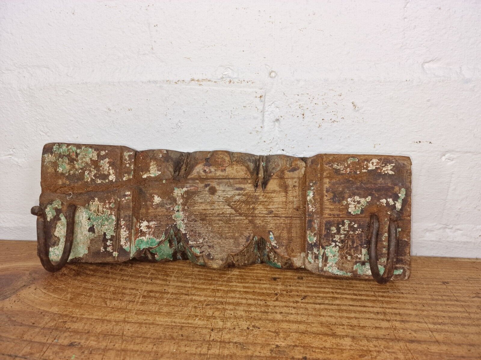Vintage Reclaimed Indian Hand Carved Architectural Wooden Coat Hat Wall Hooks