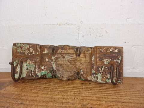 Vintage Reclaimed Indian Hand Carved Architectural Wooden Coat Hat Wall Hooks