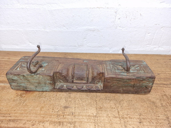 Vintage Reclaimed Indian Hand Carved Architectural Wooden Coat Hat Wall Hooks