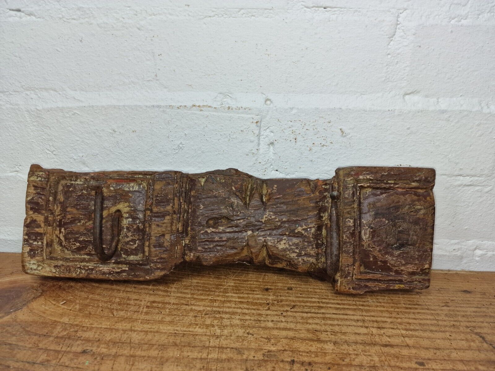 Vintage Reclaimed Indian Hand Carved Architectural Wooden Coat Hat Wall Hooks