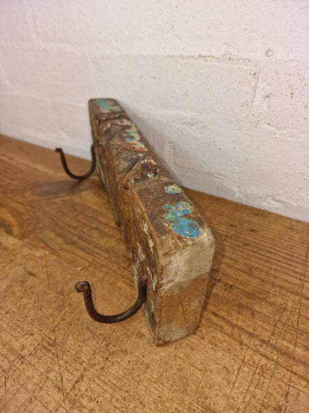 Vintage Reclaimed Indian Hand Carved Architectural Wooden Coat Hat Wall Hooks