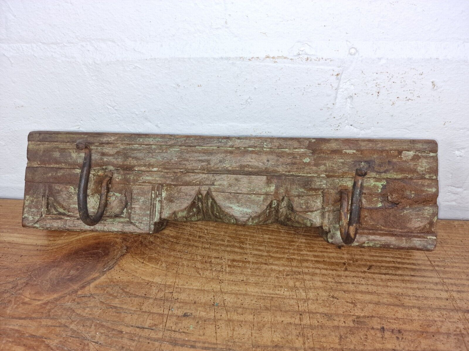 Vintage Reclaimed Indian Hand Carved Architectural Wooden Coat Hat Wall Hooks