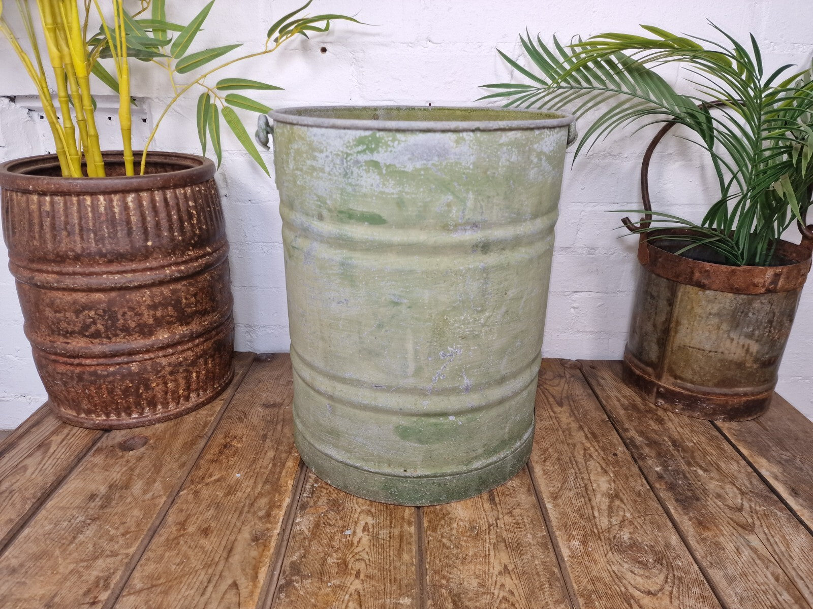 Vintage French European Galvanised Round Tub Bucket Pail Garden Planter