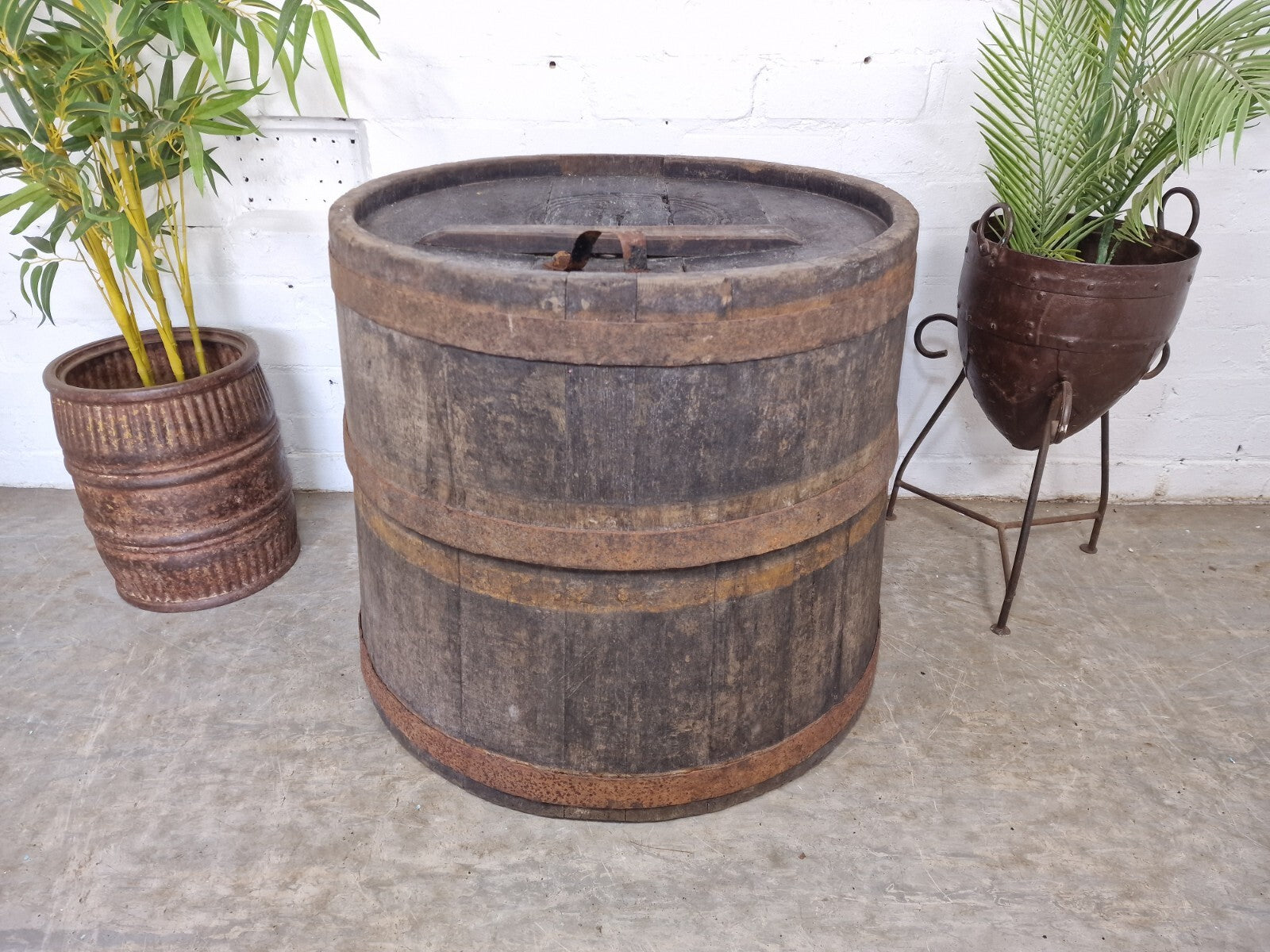 Large Old 19th Century French Oak Storage Barrel Side Garden Table Plant Stand