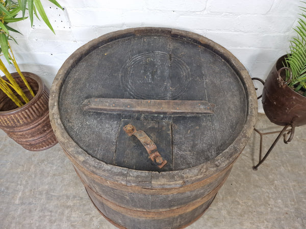 Large Old 19th Century French Oak Storage Barrel Side Garden Table Plant Stand