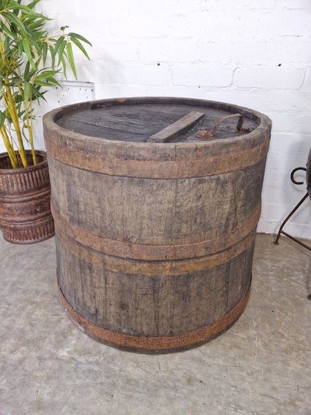 Large Old 19th Century French Oak Storage Barrel Side Garden Table Plant Stand