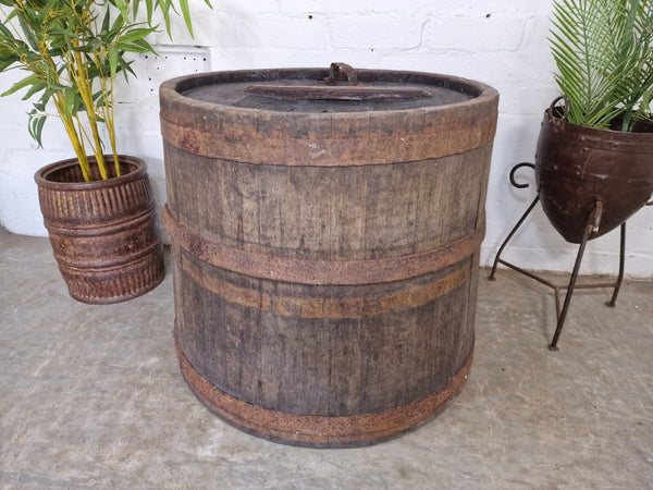 Large Old 19th Century French Oak Storage Barrel Side Garden Table Plant Stand