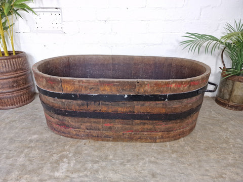 Large Vintage French Oval Oak Banded Wine Making Barrel Garden Planter