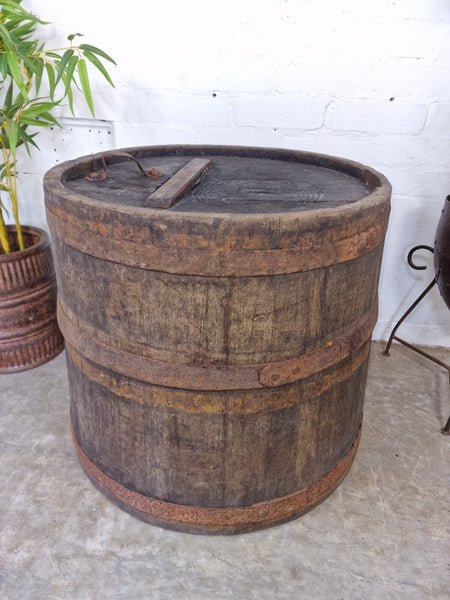 Large Old 19th Century French Oak Storage Barrel Side Garden Table Plant Stand
