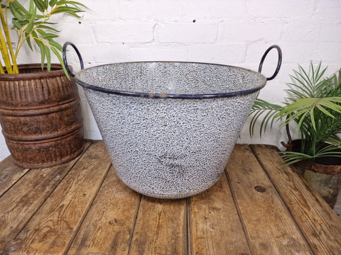 Large Vintage European Enamel Cauldron Log Basket Wildlife Pond Garden Planter