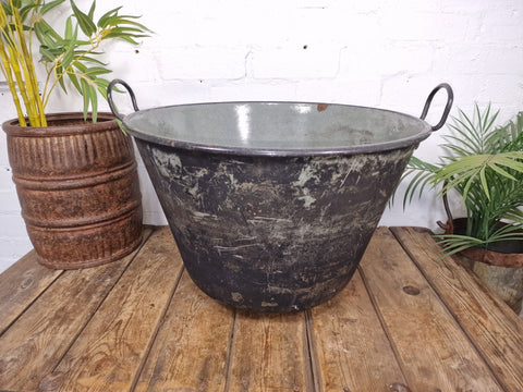 Large Vintage European Enamel Cauldron Log Basket Wildlife Pond Garden Planter