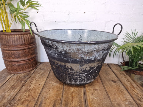 Large Vintage European Enamel Cauldron Log Basket Wildlife Pond Garden Planter