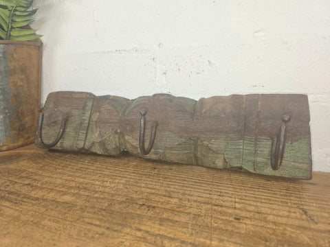 Vintage Reclaimed Indian Hand Carved Architectural Wooden Coat Hat Wall Hooks