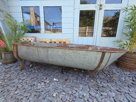 Large Vintage Hungarian Galvanised Zinc Tin Bath Tub Garden Pond Herb Planter